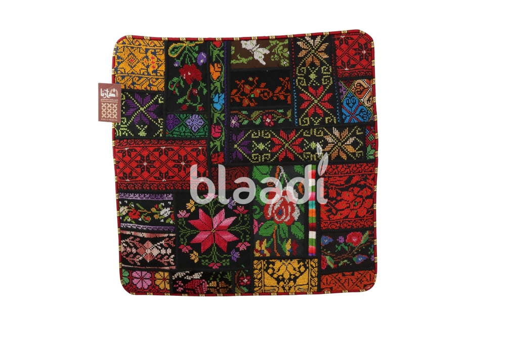 Colorful Palestinian Embroidered Large Cushion (Black Canvas) 40 Cm *