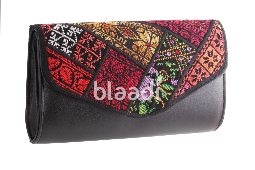 One Sided Palestinian Embroidered Black Leather Clutch Bag