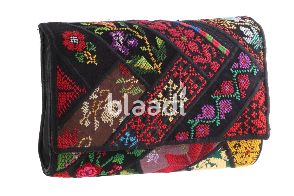 Palestinian Embroidered Black Leather Clutch Bag